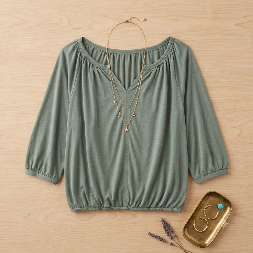 Lucky Brand Sage Green Flowy Blouson Peasant Top Size Small